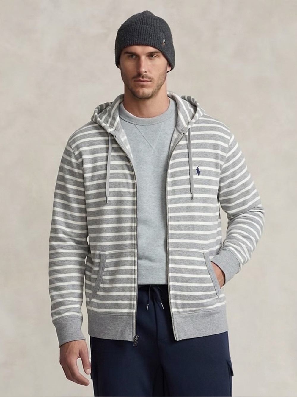 114 RALPH LAUREN Men's Cotton Stripe Full Zip Hoodie - Grey/ White, Large